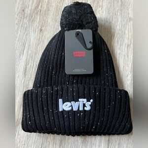 Levi's Embroidered Signature Style Logo Beanie Ribbed Knit Winter Black